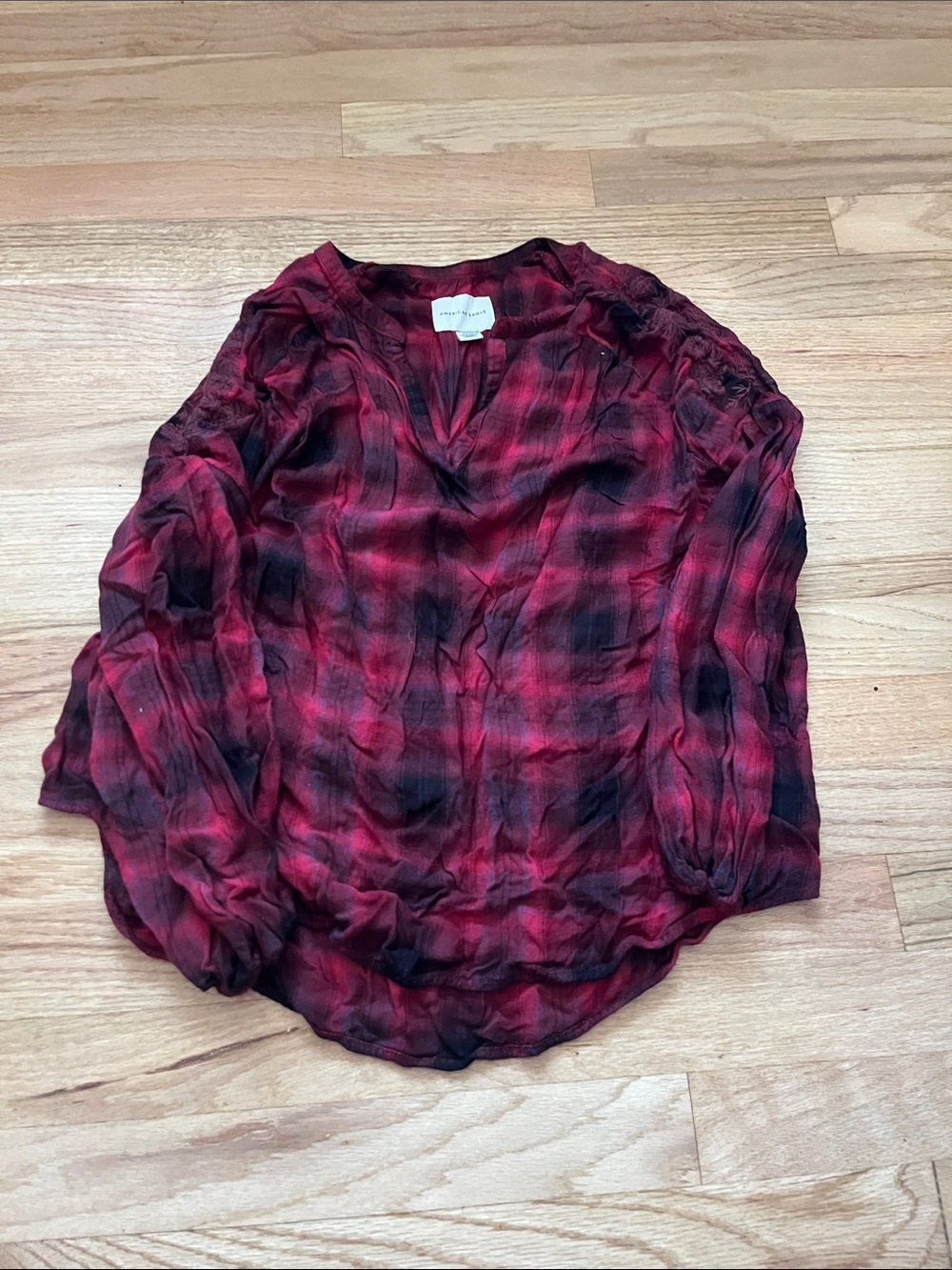 American Eagle Outfitters Red Black Plaid V-Neck Blouse